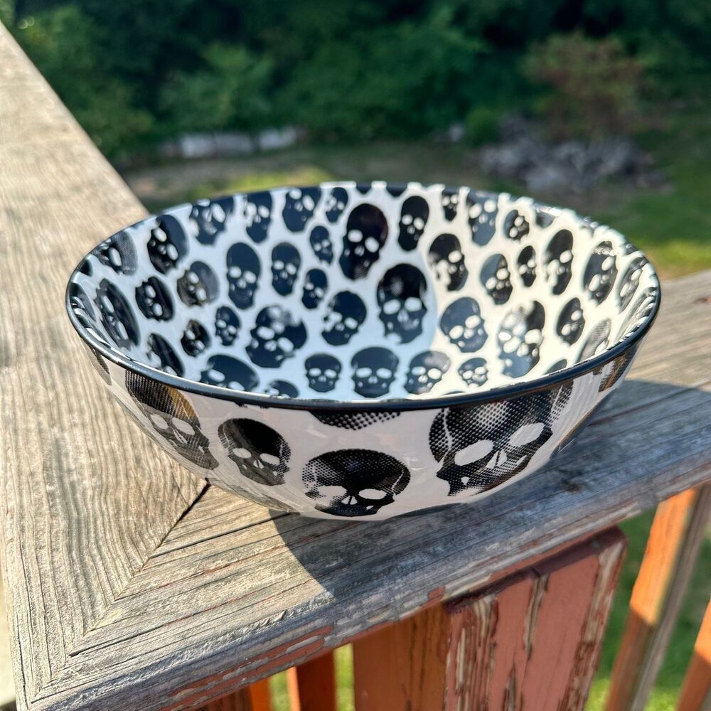 RESERVED - TWO New Halloween Skull Large Ceramic Bowl Black and White 8inch